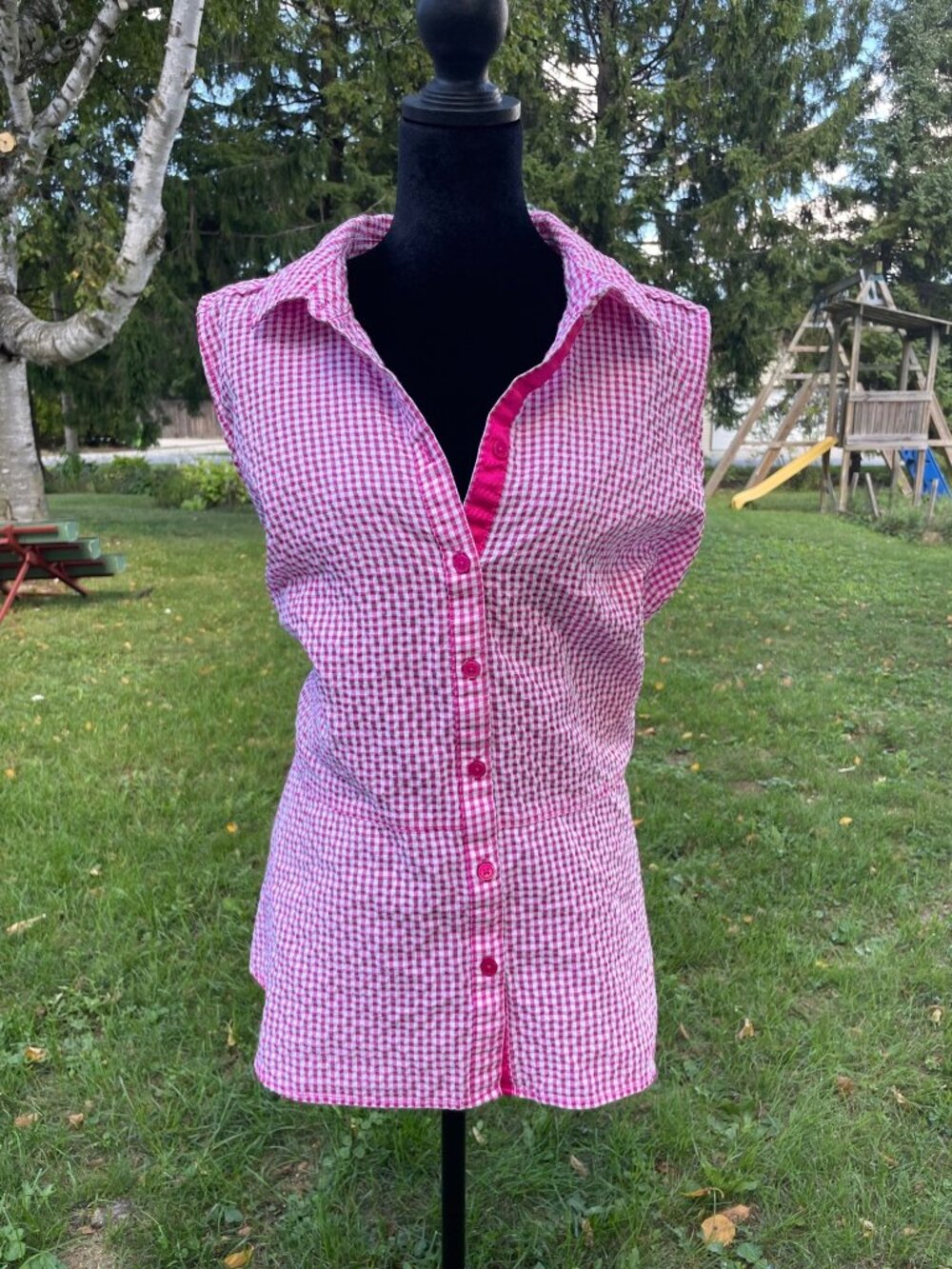 Vintage Y2K Tank Top Peplum Seersucker White Pink Cottagecore Lightweight 3X